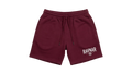 Ravnar maroon heavyweight cotton shorts with a relaxed fit, drawstring waistband, and white logo detail.