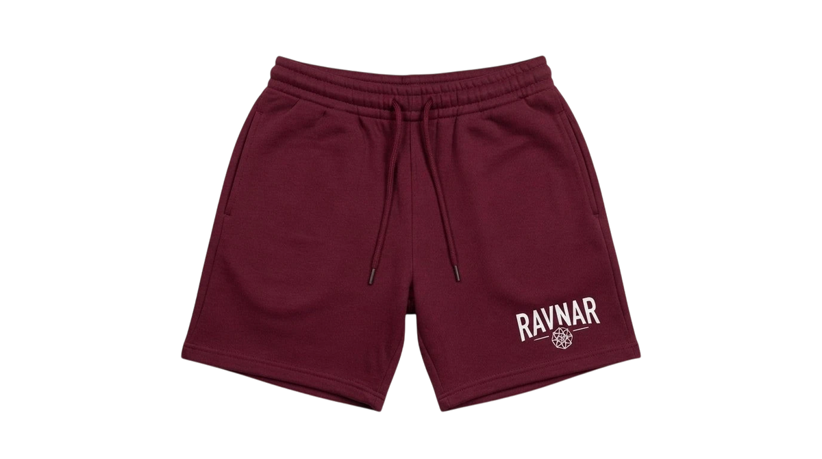 Ravnar maroon heavyweight cotton shorts with a relaxed fit, drawstring waistband, and white logo detail.