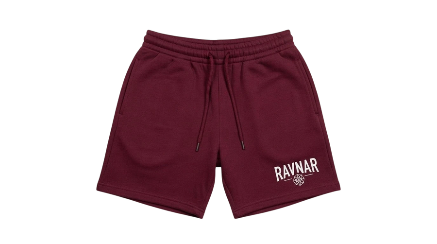 Ravnar maroon heavyweight cotton shorts with a relaxed fit, drawstring waistband, and white logo detail.