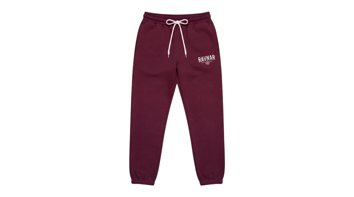 Ravnar maroon heavyweight sweatpants with a white drawstring and logo on a grey background