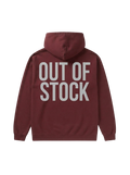 Ravnar heavyweight maroon hoodie with Out of Stock text printed on the back in a structured luxury streetwear fit.