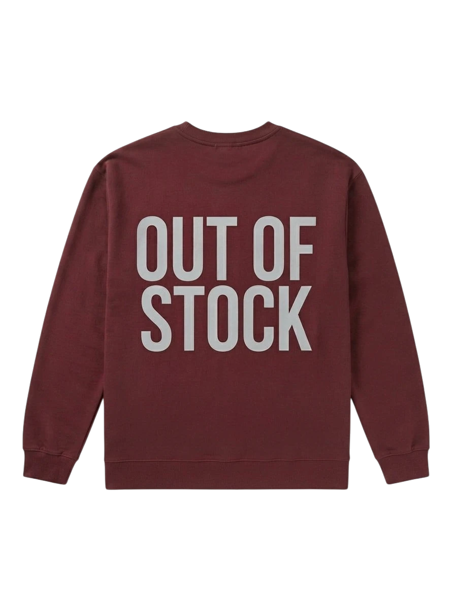 Ravnar heavyweight maroon sweatshirt with Out Of Stock text printed on the back in a structured streetwear fit