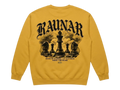 Ravnar mustard yellow heavyweight sweatshirt featuring a back graphic of chess pieces and gothic typography.