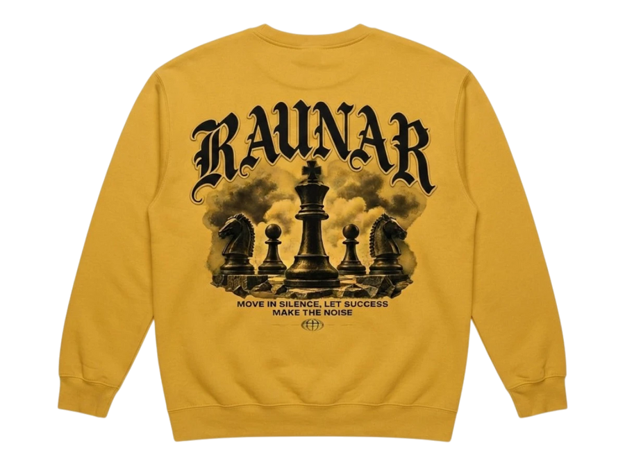 Ravnar mustard yellow heavyweight sweatshirt featuring a back graphic of chess pieces and gothic typography.