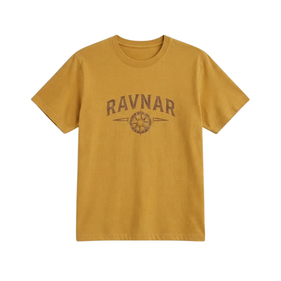 Ravnar Northstar mustard yellow heavyweight cotton t-shirt with a vintage compass graphic print
