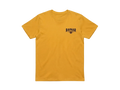 Ravnar mustard yellow heavyweight cotton t-shirt with a small black logo on the chest for luxury streetwear.
