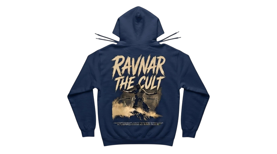 Ravnar navy blue heavyweight cotton hoodie featuring The Cult graphic print on the back