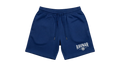 Ravnar navy blue heavyweight cotton shorts with a relaxed fit, drawstring waist, and white brand logo detail.