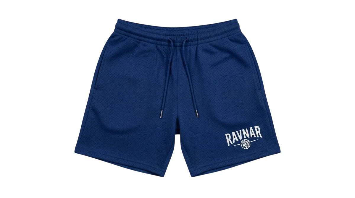 Ravnar navy blue heavyweight cotton shorts with a relaxed fit, drawstring waist, and white brand logo detail.