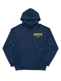 Ravnar navy blue heavyweight hoodie with a gold logo graphic on the chest and a structured fit.