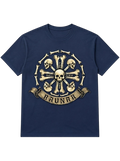Ravnar navy blue heavyweight cotton t-shirt featuring a detailed Crown of Bone skull graphic and brand banner.