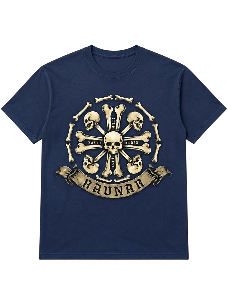 Ravnar navy blue heavyweight cotton t-shirt featuring a detailed Crown of Bone skull graphic and brand banner.
