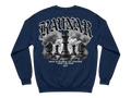 Ravnar navy blue heavyweight sweatshirt featuring a detailed chess-themed graphic print on the back