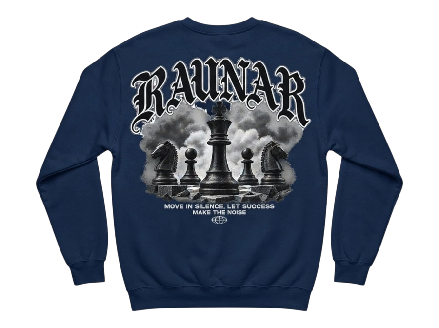 Ravnar navy blue heavyweight sweatshirt featuring a detailed chess-themed graphic print on the back