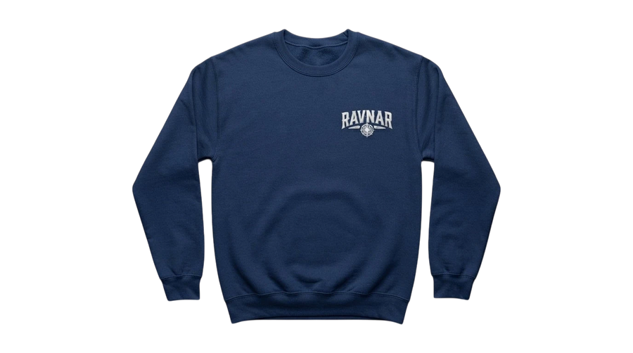 Ravnar navy blue heavyweight cotton sweatshirt with white chest logo embroidery on a grey background