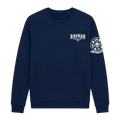 Ravnar navy blue heavyweight sweatshirt featuring a white chest logo and detailed crest design on the sleeve.