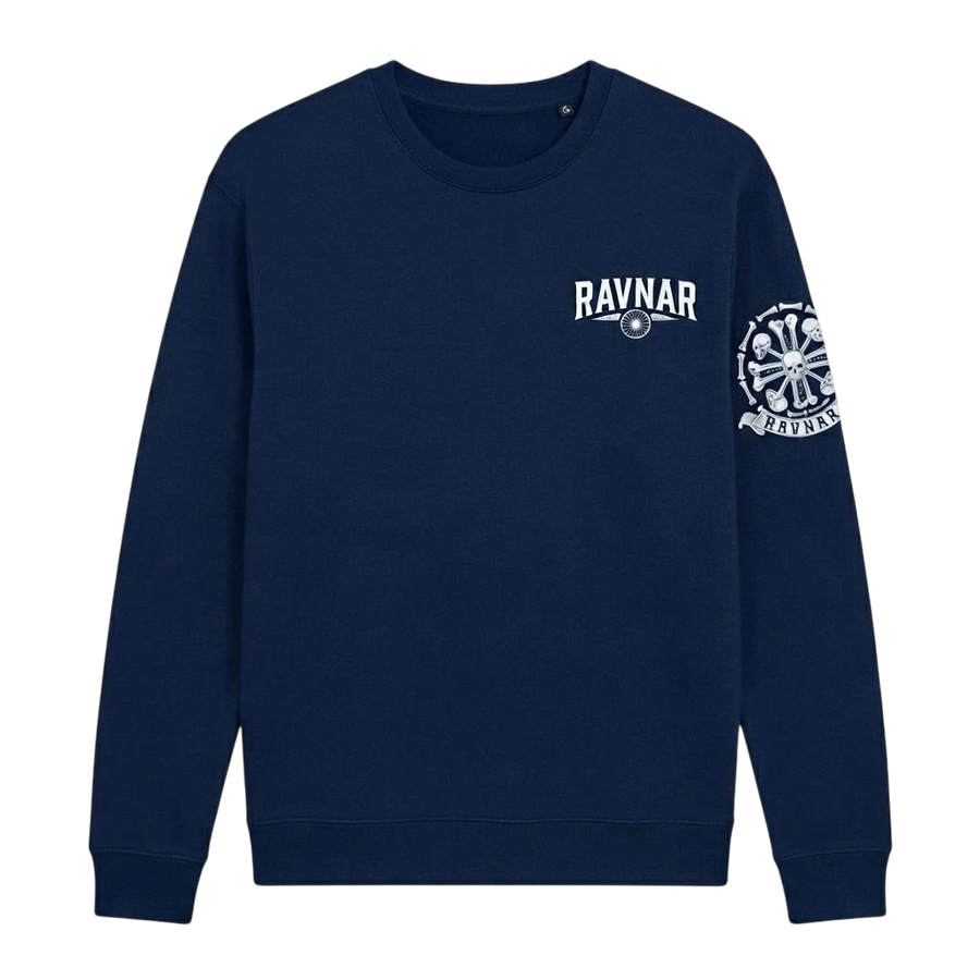 Ravnar navy blue heavyweight sweatshirt featuring a white chest logo and detailed crest design on the sleeve.