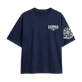 Ravnar navy heavyweight cotton t-shirt with white chest logo and detailed skull crest graphic on the sleeve