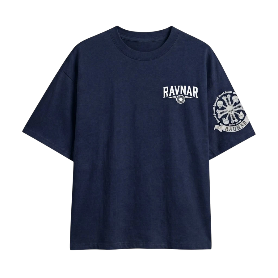 Ravnar navy heavyweight cotton t-shirt with white chest logo and detailed skull crest graphic on the sleeve