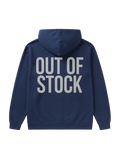 Ravnar navy blue heavyweight hoodie with Out of Stock text printed on the back in a structured streetwear fit