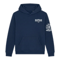 Ravnar navy blue heavyweight hoodie with white chest logo and detailed skull and bone sleeve graphic