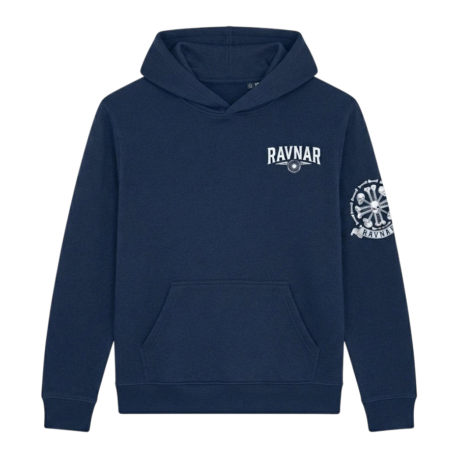 Ravnar navy blue heavyweight hoodie with white chest logo and detailed skull and bone sleeve graphic