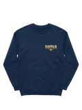 Ravnar navy blue heavyweight sweatshirt with a gold Crown of Bones logo on the chest for luxury streetwear.