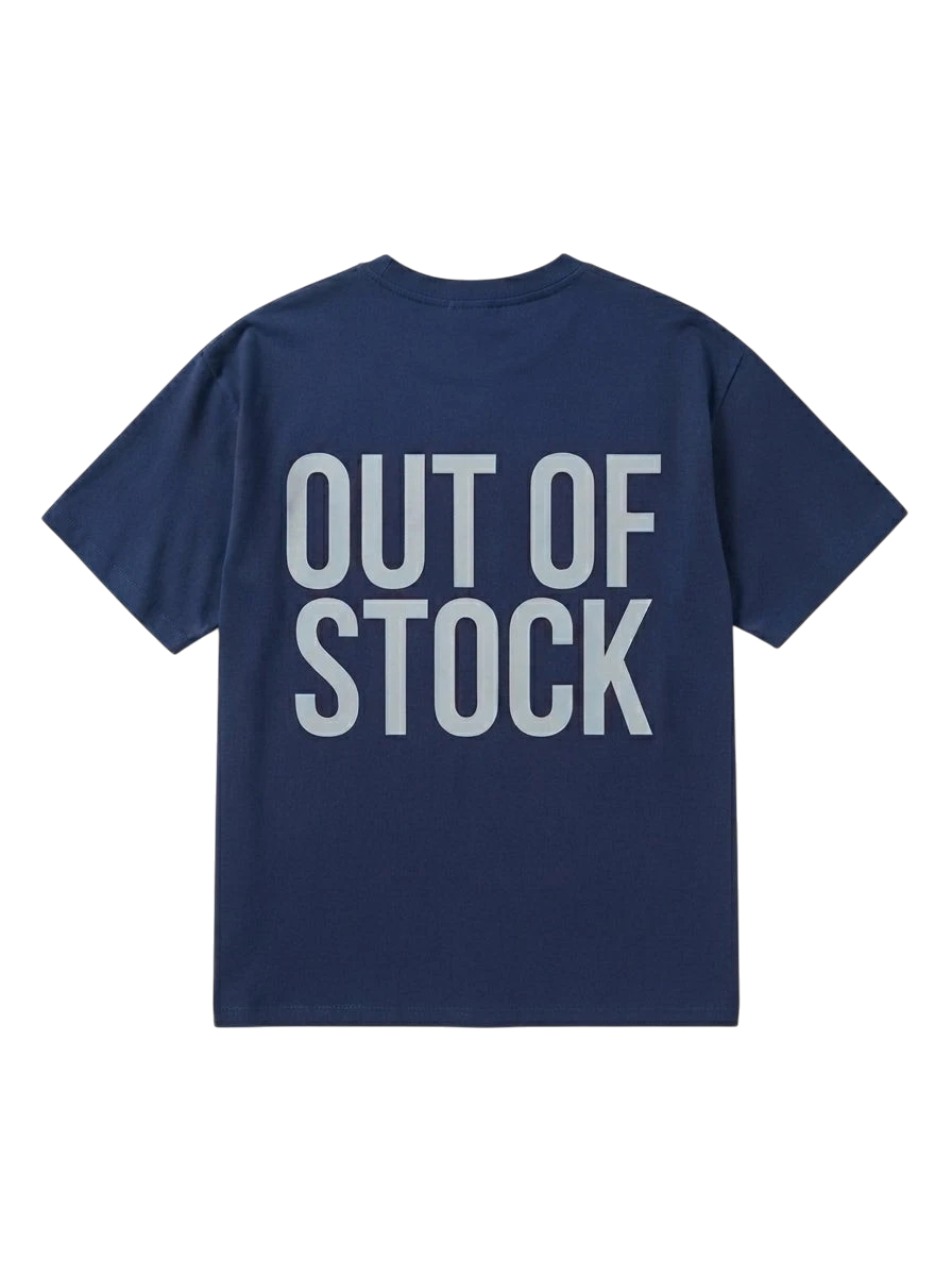 Ravnar navy blue heavyweight cotton t-shirt with Out Of Stock text printed on the back