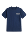 Ravnar Out Of Stock navy blue heavyweight cotton t-shirt with a small chest logo featuring a compass design.