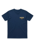 Ravnar Crown of Bone navy blue heavyweight cotton t-shirt with a gold chest logo on a clean white background