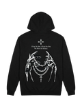 Ravnar NOCRTURNE black heavyweight hoodie with white graphic print of hands holding chains on the back
