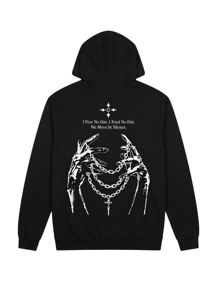 Ravnar NOCRTURNE black heavyweight hoodie with white graphic print of hands holding chains on the back