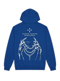 Ravnar NOCRTURNE blue heavyweight hoodie featuring a white skeletal hand and chain graphic on the back
