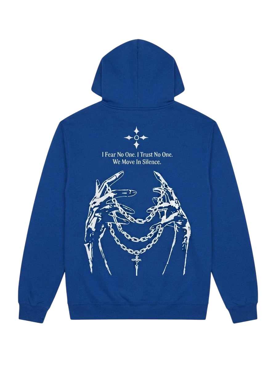 Ravnar NOCRTURNE blue heavyweight hoodie featuring a white skeletal hand and chain graphic on the back