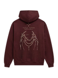 Ravnar NOCRTURNE heavyweight burgundy hoodie with back graphic print of skeletal hands holding chains and text.