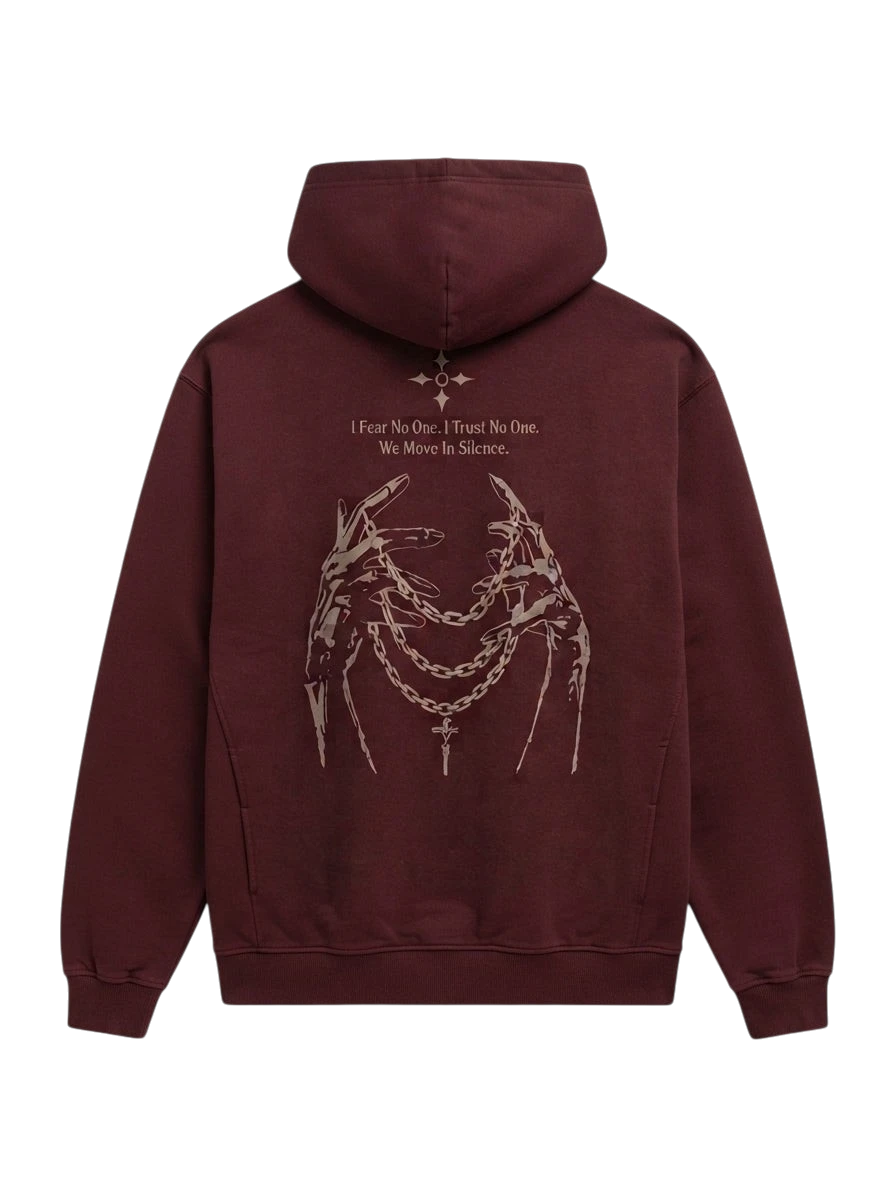 Ravnar NOCRTURNE heavyweight burgundy hoodie with back graphic print of skeletal hands holding chains and text.