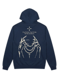 Ravnar NOCRTURNE navy heavyweight hoodie featuring a back graphic of skeleton hands holding chains and text.