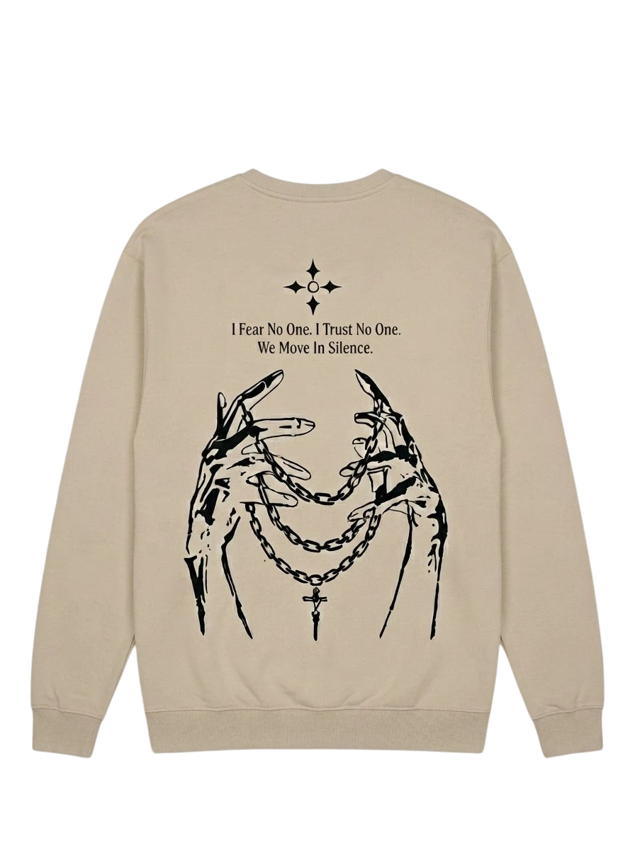Ravnar NOCTURNE beige heavyweight sweatshirt featuring a black graphic of hands holding chains on the back.
