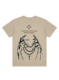 Ravnar Nocturne heavyweight beige t-shirt featuring back graphic of hands holding chains and text in black ink.