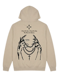 Ravnar NOCRTURNE beige heavyweight hoodie with black graphic print of hands holding chains on the back