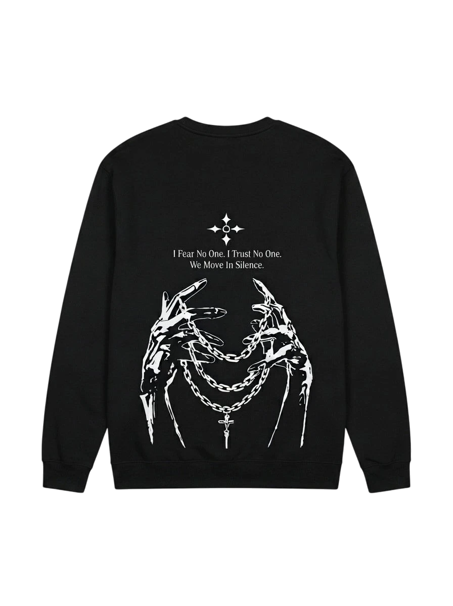 Ravnar NOCTURNE black heavyweight sweatshirt with white graphic print of hands holding chains on the back