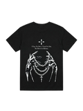 Ravnar Nocturne black heavyweight cotton t-shirt with white graphic print of hands, chains, and text on the back.