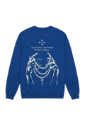 Ravnar NOCTURNE blue heavyweight sweatshirt with white skeleton hands, chains, and text graphic on the back.