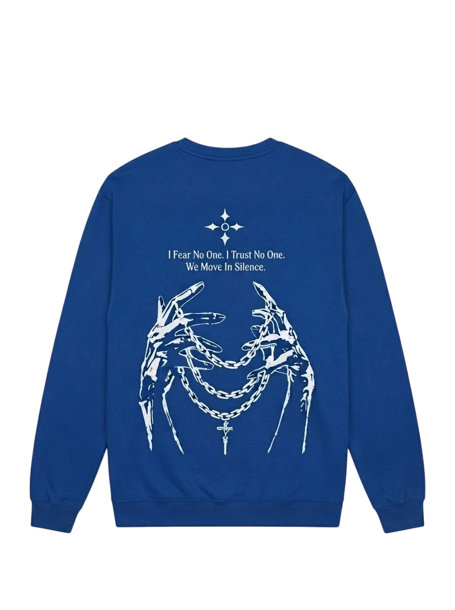 Ravnar NOCTURNE blue heavyweight sweatshirt with white skeleton hands, chains, and text graphic on the back.