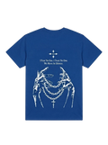 Ravnar Nocturne heavyweight blue t-shirt featuring white graphic of skeletal hands holding chains on the back