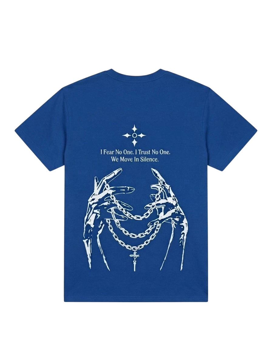 Ravnar Nocturne heavyweight blue t-shirt featuring white graphic of skeletal hands holding chains on the back