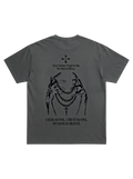 Ravnar Nocturne heavyweight charcoal grey t-shirt with black graphic print of hands and chains on the back