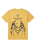 Ravnar Nocturne heavyweight mustard yellow t-shirt featuring a black graphic of hands holding a chain on the back.