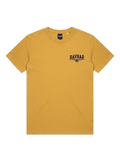 Ravnar Nocturne heavyweight mustard yellow t-shirt with black chest logo and structured fit