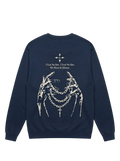 Ravnar NOCTURNE navy heavyweight sweatshirt with white graphic print of skeletal hands holding chains on the back